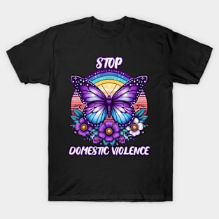 Stop Domestic Violence Purple Retro Rainbow Flowers T-Shirt